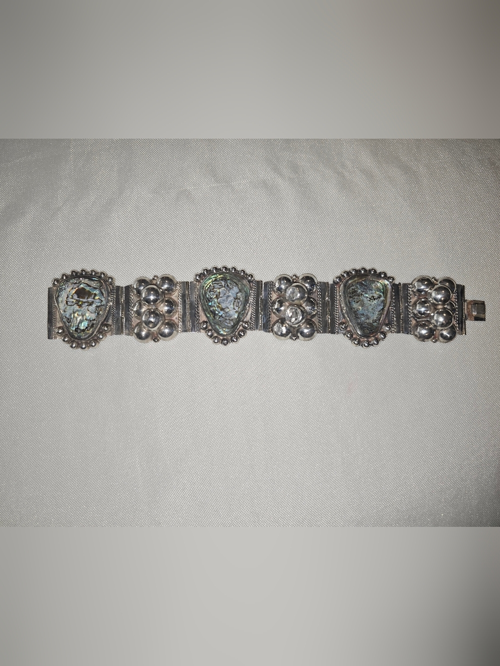 Abalone Inlay Sterling Silver Panel Bracelet - Iridescent Green-Blue